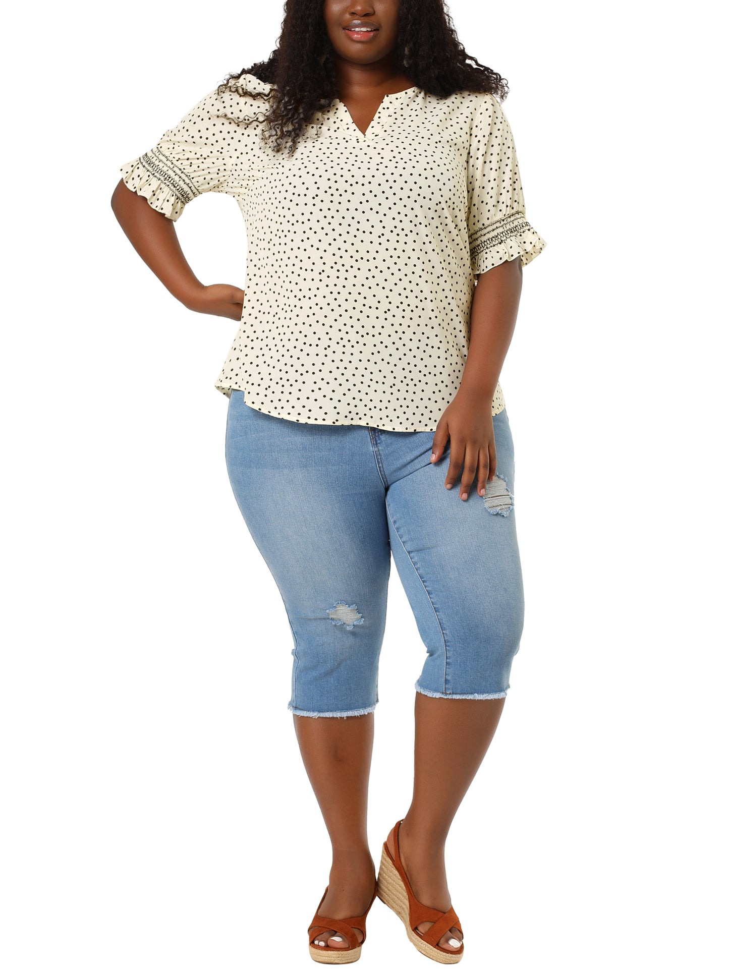 Women's Plus Size Blouse Pin Dots Smocked Floral Boho Blouse