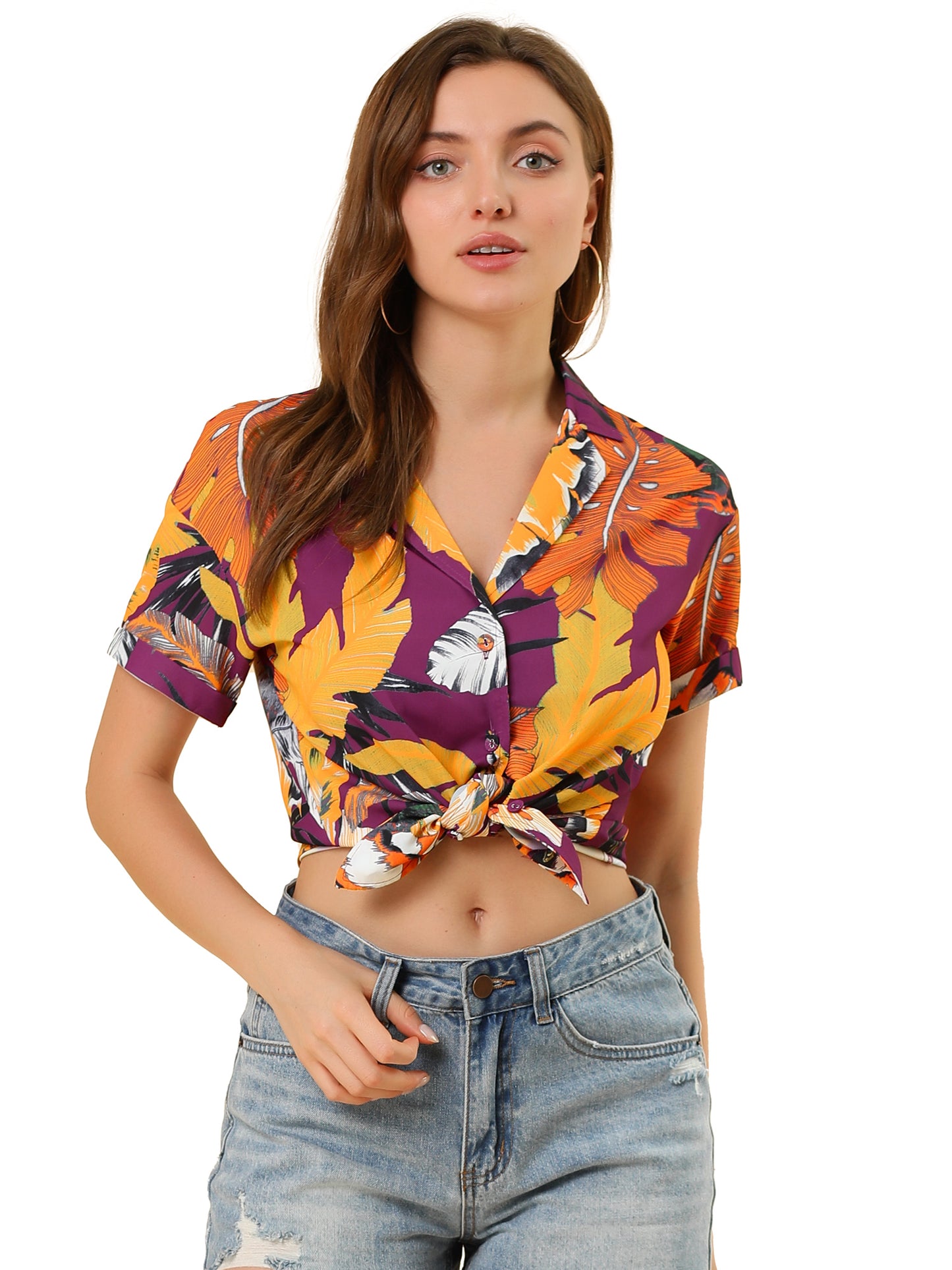 Women's Hawaiian Summer Floral Leaves Printed Short Sleeve Top Tropical Button Down Shirt (Available in Plus Size)