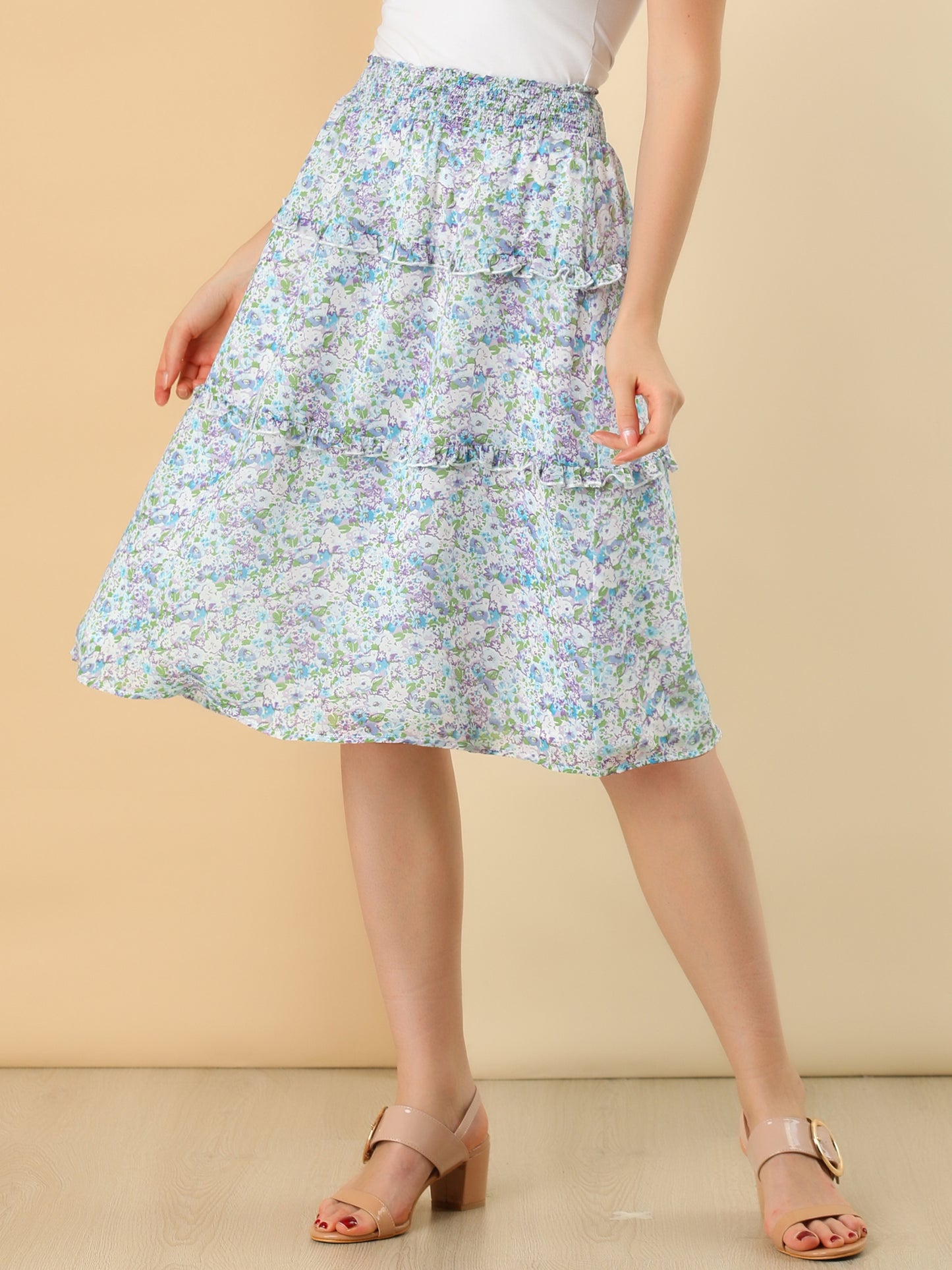 Faldas florales para mujer, primavera, fruncidas, cintura elástica, corte A, por debajo de la rodilla, falda con volantes escalonados