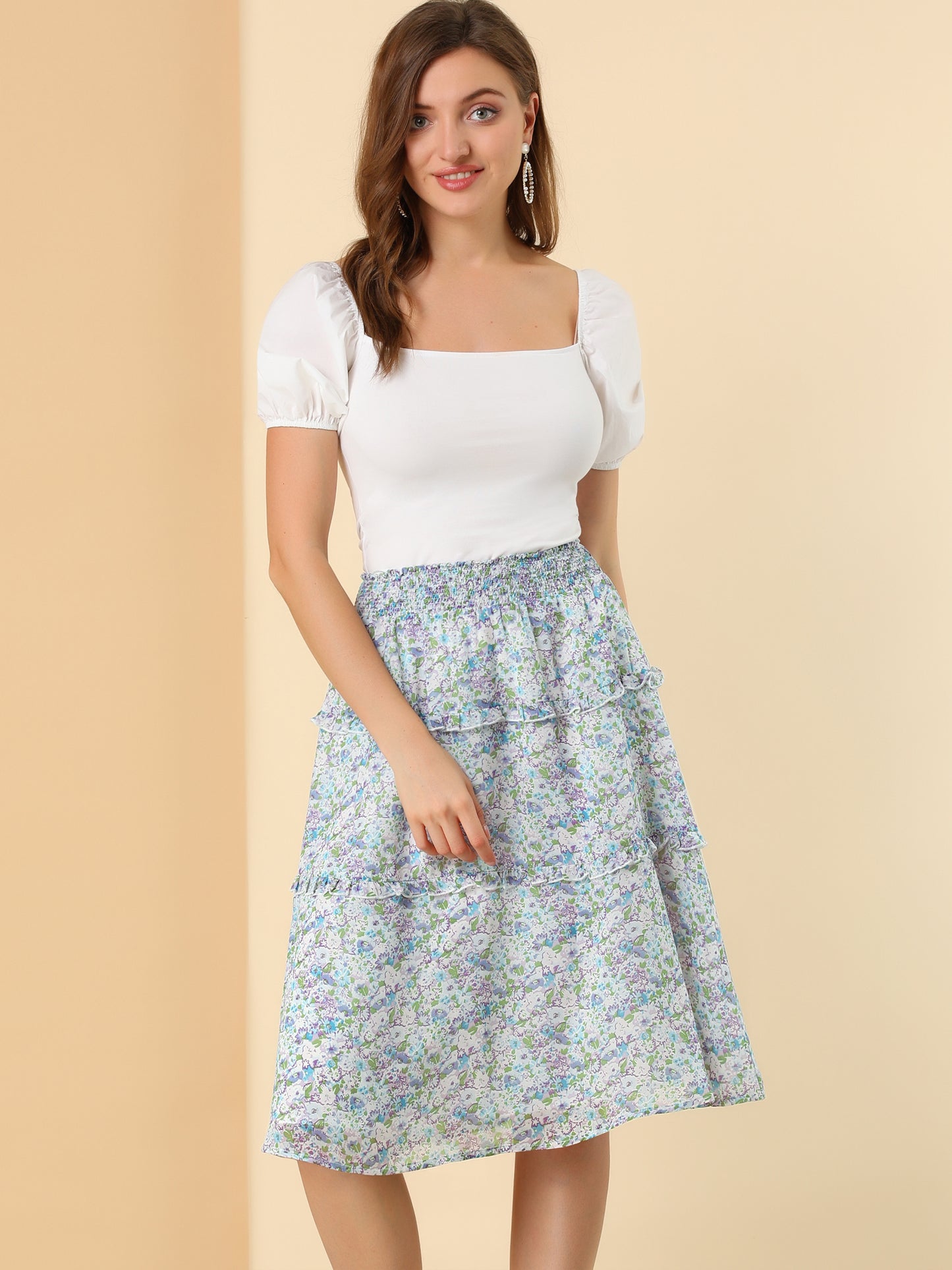 Faldas florales para mujer, primavera, fruncidas, cintura elástica, corte A, por debajo de la rodilla, falda con volantes escalonados