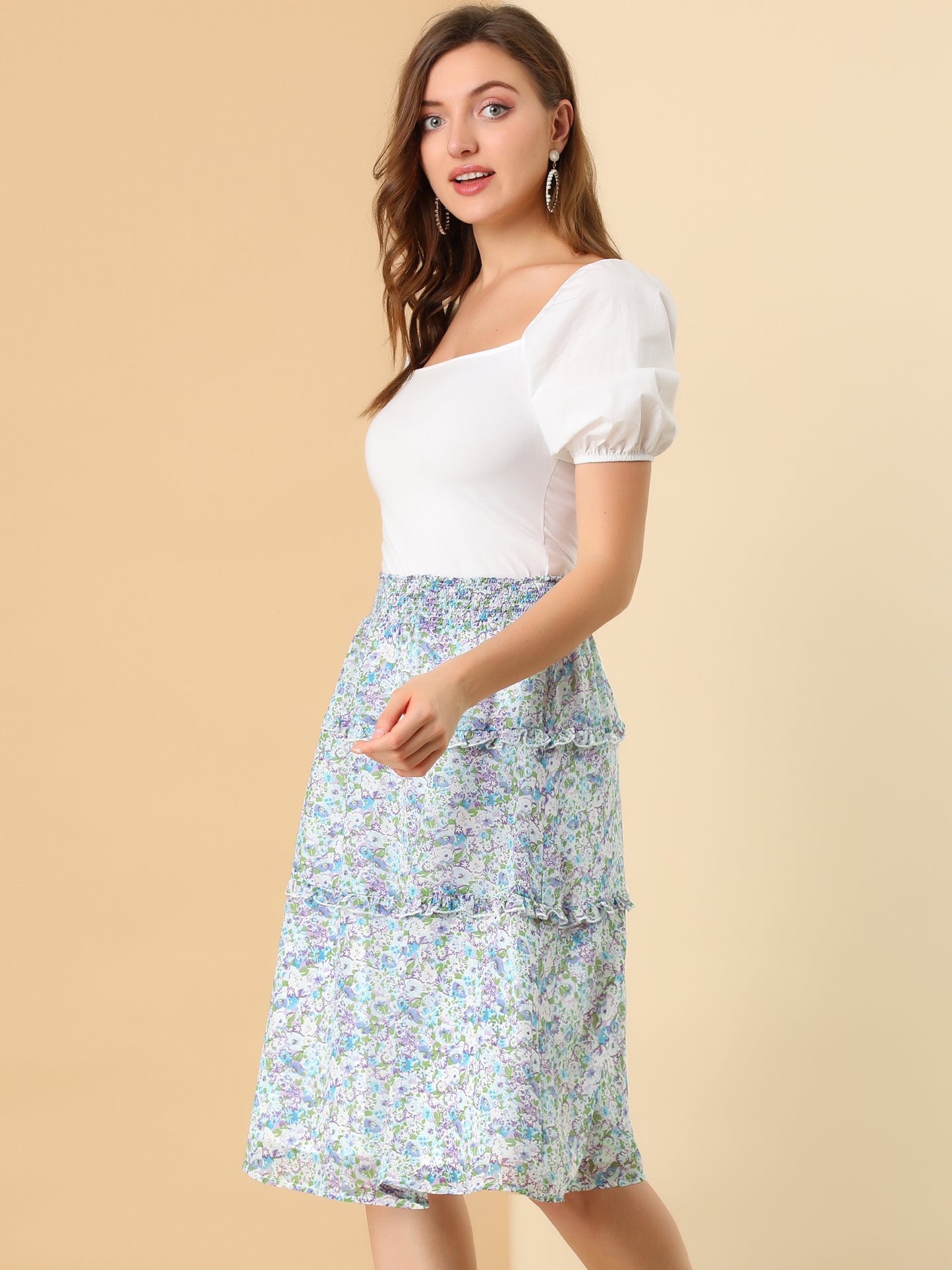 Faldas florales para mujer, primavera, fruncidas, cintura elástica, corte A, por debajo de la rodilla, falda con volantes escalonados