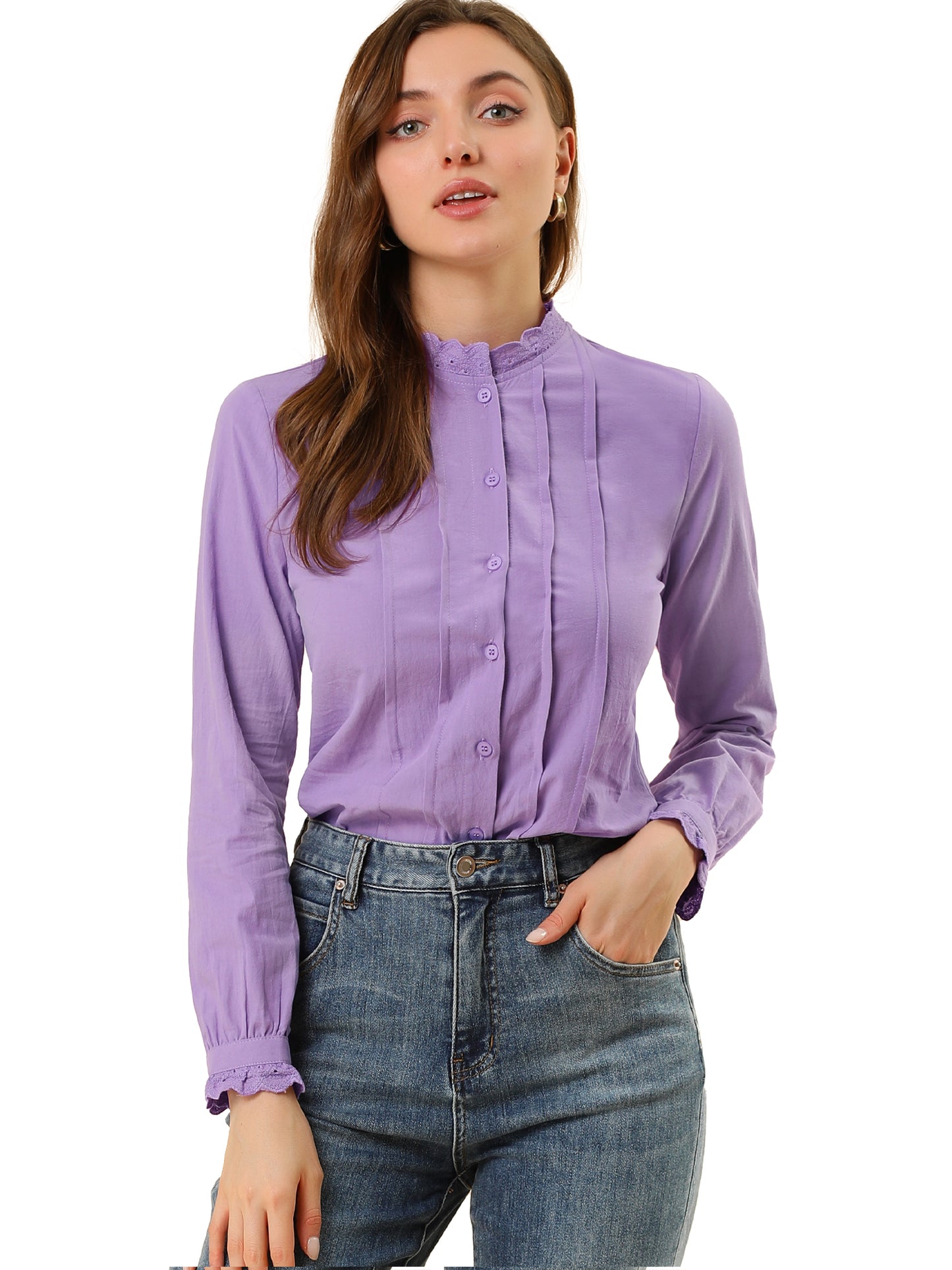 Women's Mock Neck Blouse Ruffle Work Office Cotton Pleated Button Up Shirt