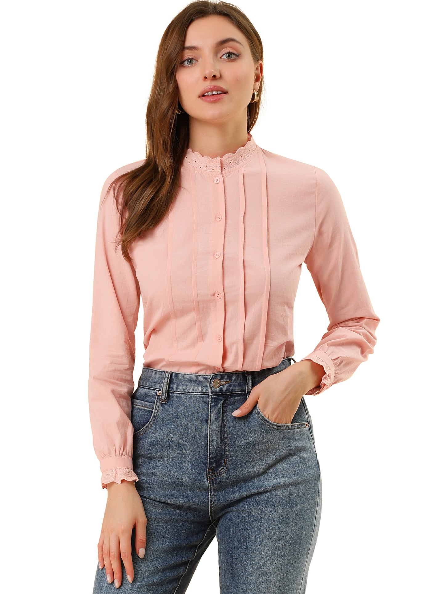 Women's Mock Neck Blouse Ruffle Work Office Cotton Pleated Button Up Shirt