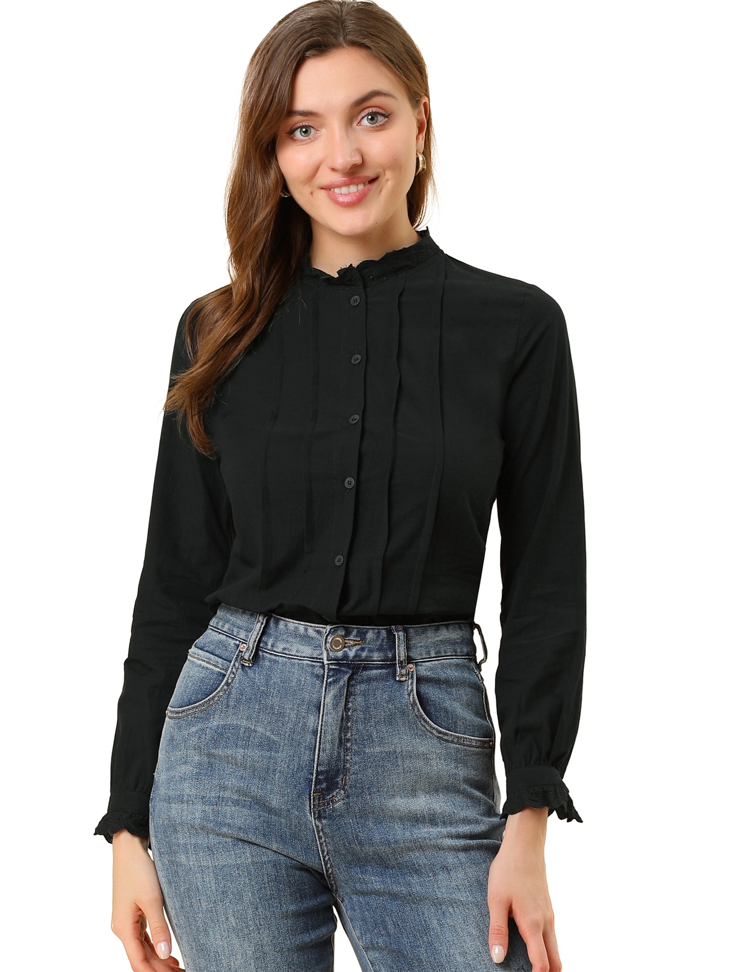 Women's Mock Neck Blouse Ruffle Work Office Cotton Pleated Button Up Shirt