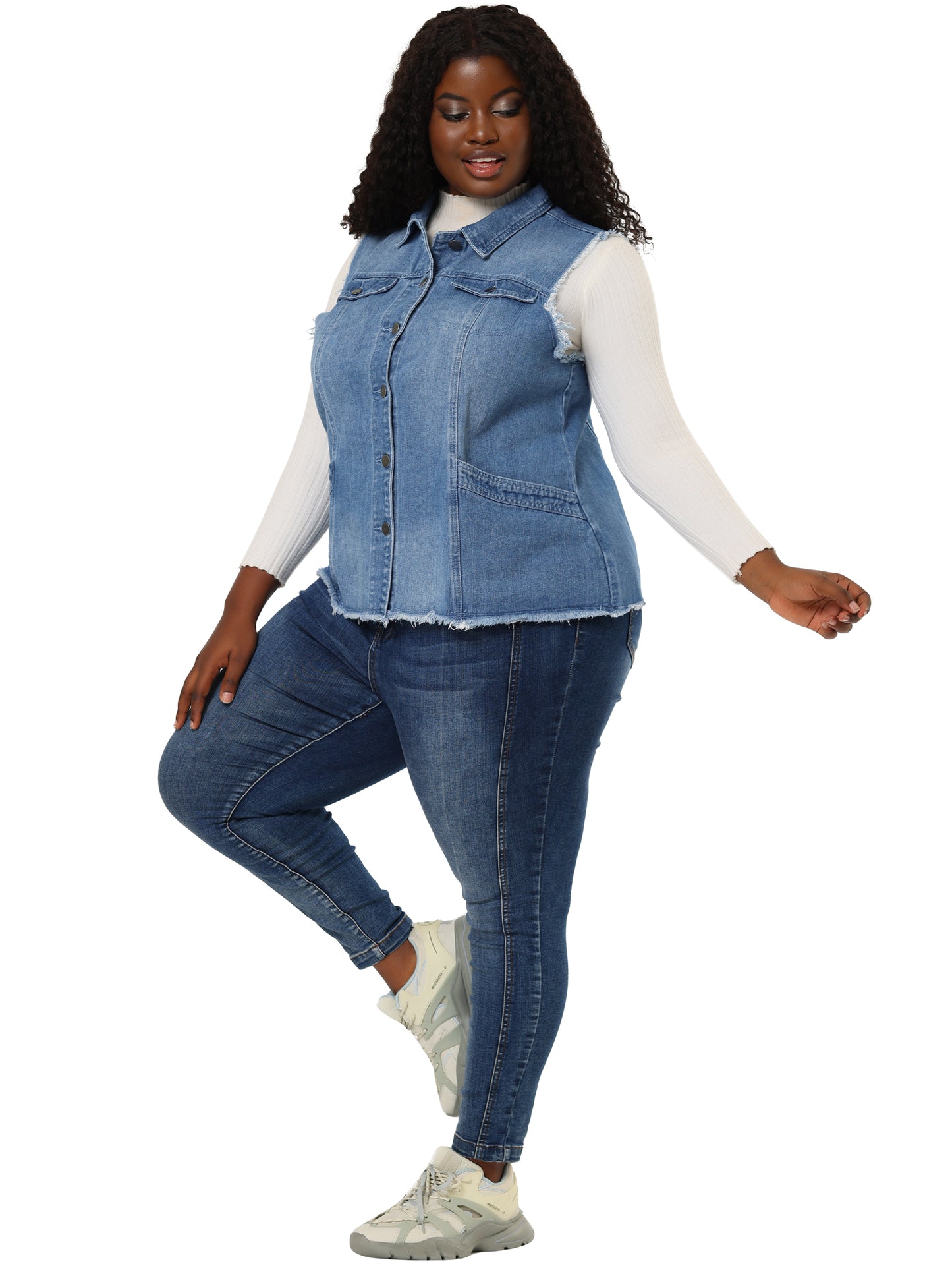 Chaqueta vaquera de talla grande para mujer, con botones, solapa delantera, deshilachada, lavada, sin mangas, chaleco vaquero largo