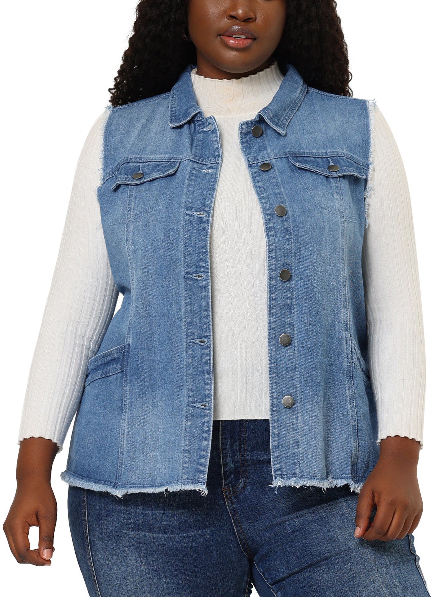 Chaqueta vaquera de talla grande para mujer, con botones, solapa delantera, deshilachada, lavada, sin mangas, chaleco vaquero largo