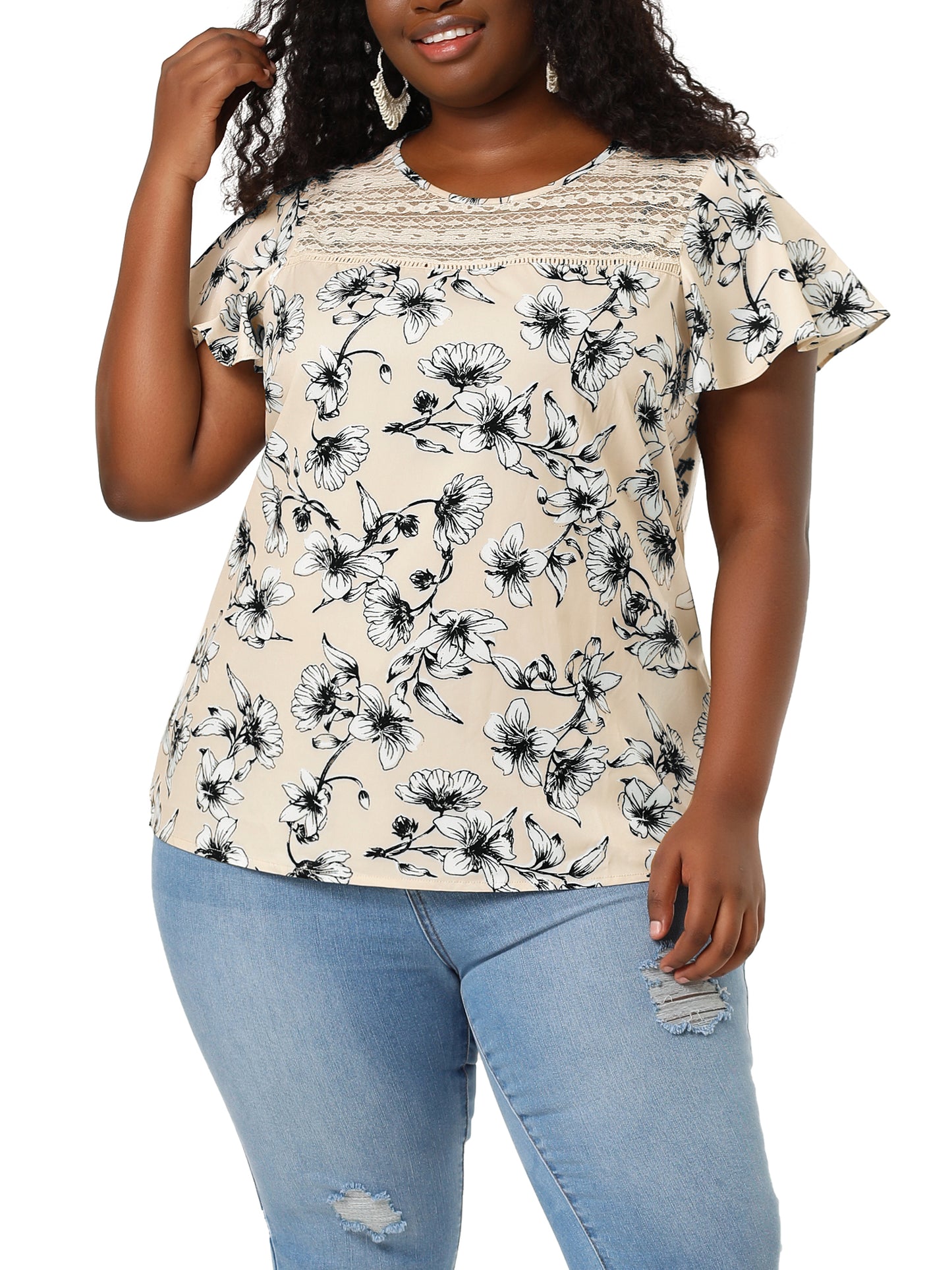 Blusa tipo túnica con paneles de encaje floral de verano y mangas acampanadas para mujer, talla grande