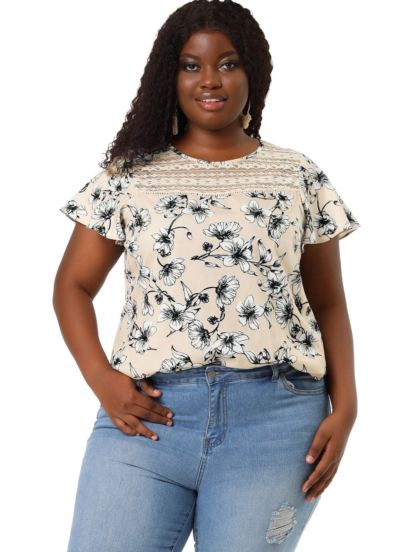 Blusa tipo túnica con paneles de encaje floral de verano y mangas acampanadas para mujer, talla grande