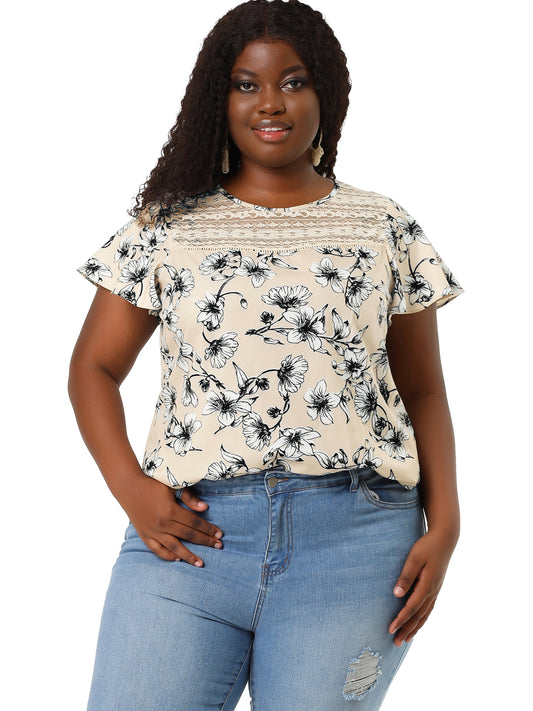 Blusa tipo túnica con paneles de encaje floral de verano y mangas acampanadas para mujer, talla grande
