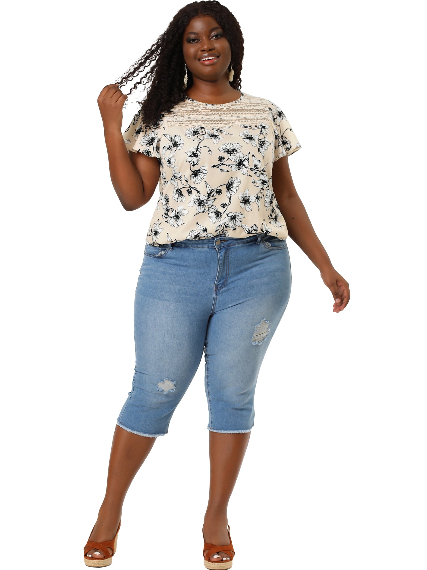 Blusa tipo túnica con paneles de encaje floral de verano y mangas acampanadas para mujer, talla grande