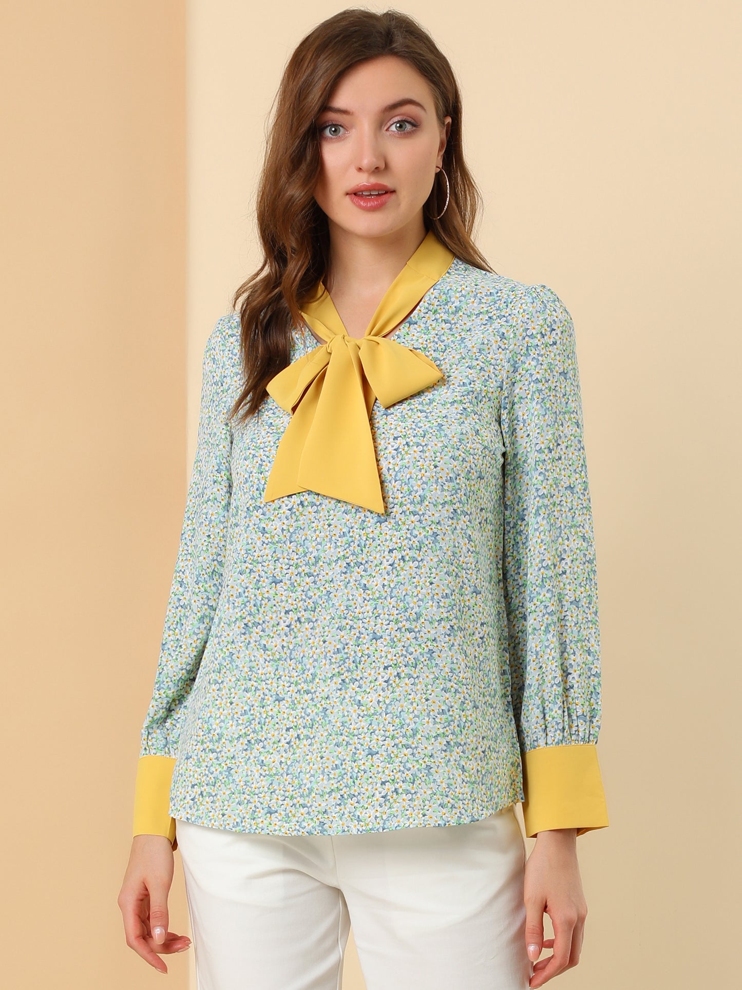 Women's Bow Tie Long Sleeve Floral Blouse