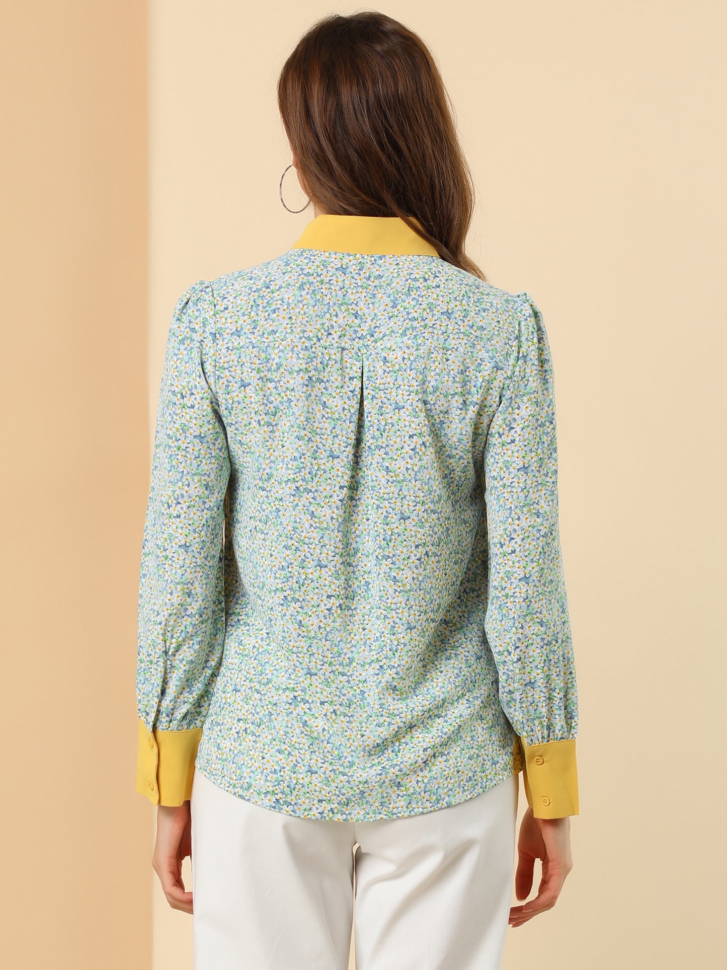 Women's Bow Tie Long Sleeve Floral Blouse