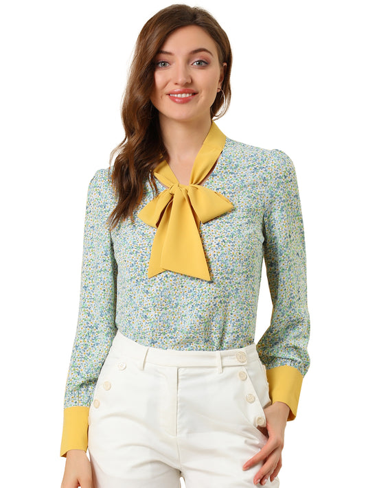 Women's Bow Tie Long Sleeve Floral Blouse