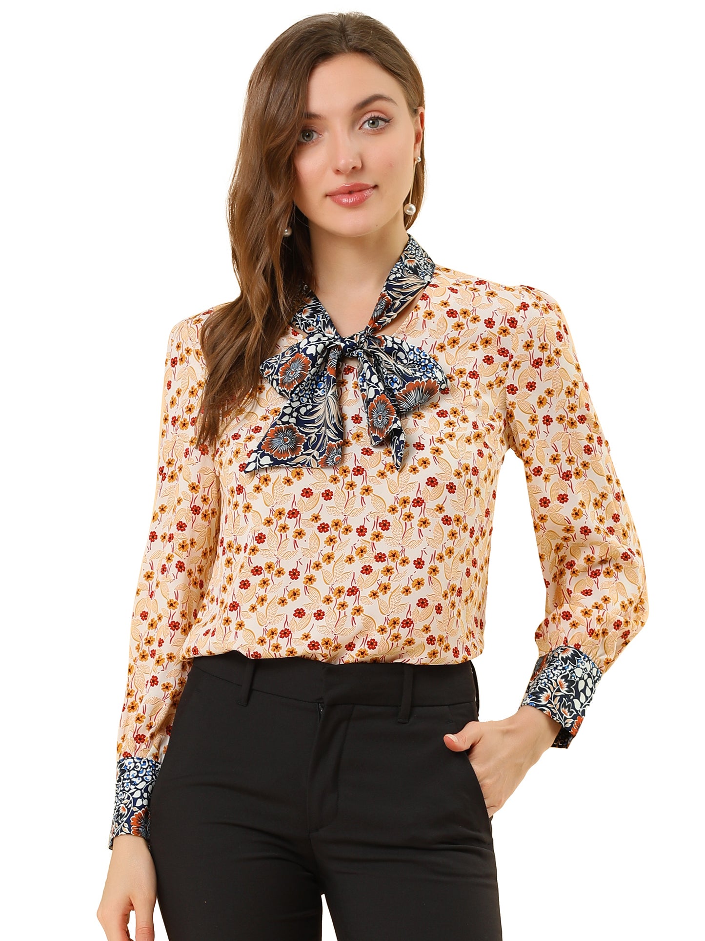 Blusa floral de manga larga con lazo para mujer