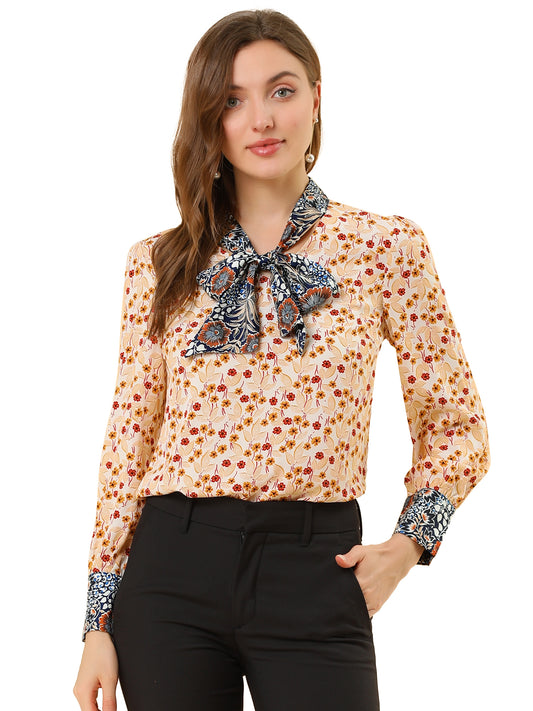 Blusa floral de manga larga con lazo para mujer