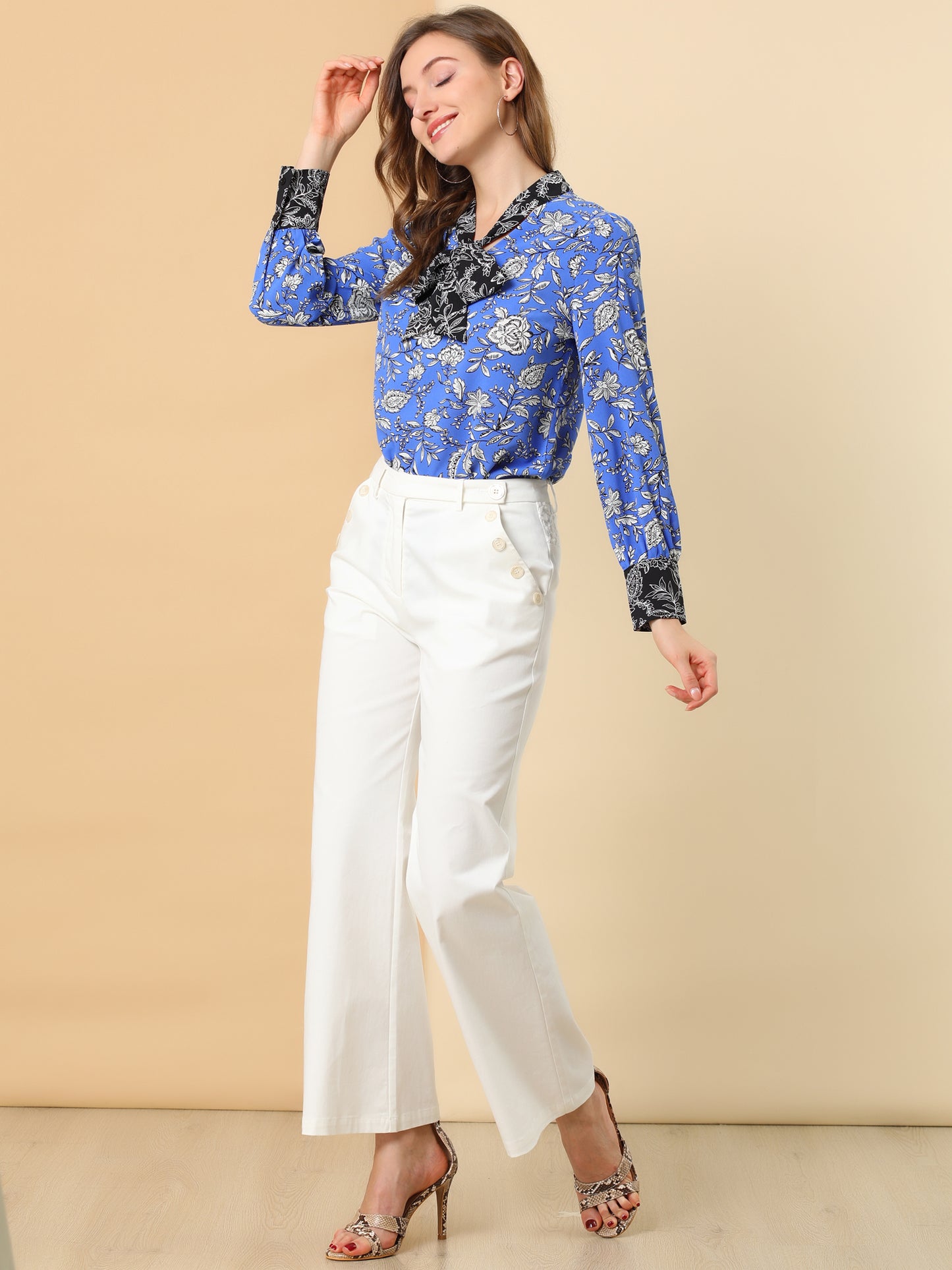 Women's Bow Tie Long Sleeve Floral Blouse
