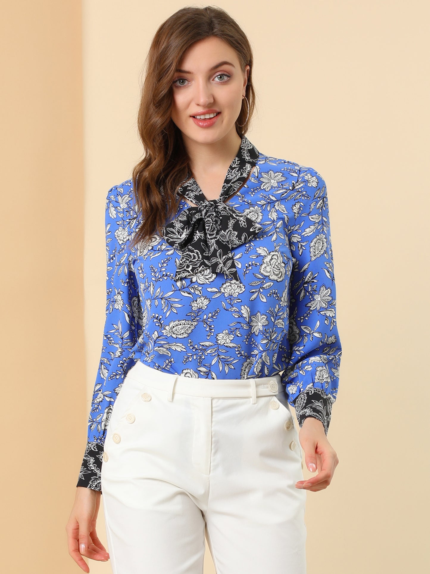 Women's Bow Tie Long Sleeve Floral Blouse