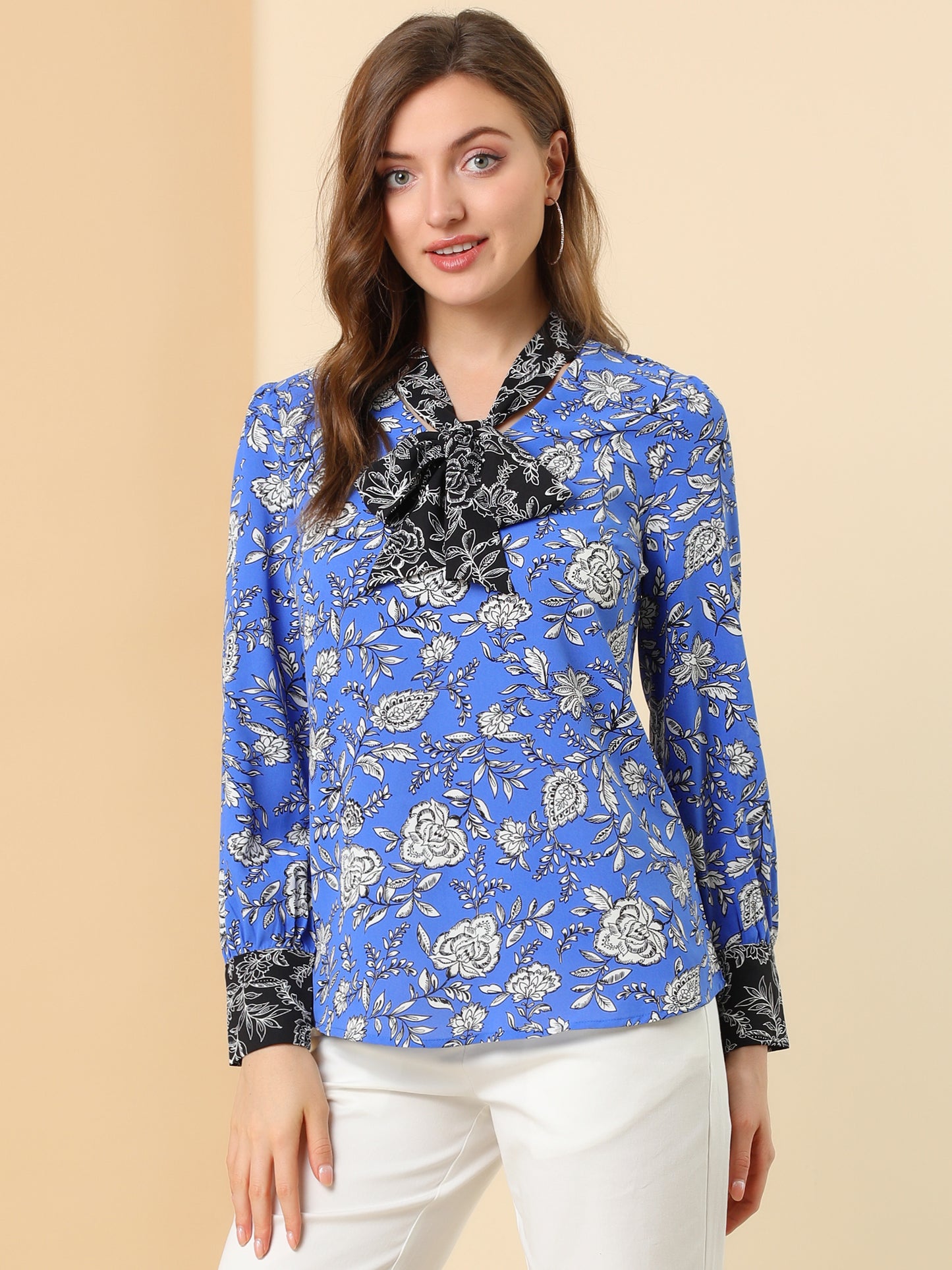 Women's Bow Tie Long Sleeve Floral Blouse