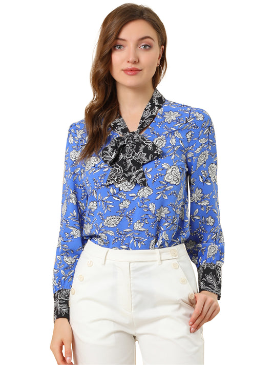 Women's Bow Tie Long Sleeve Floral Blouse