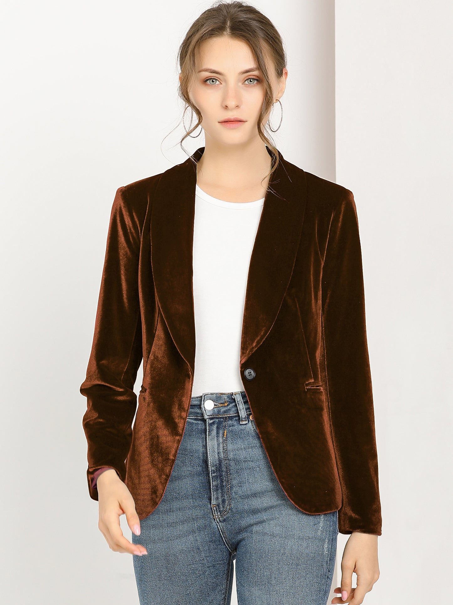 Women's Shawl Collar 1 Button Velvet Blazer (Available in Plus Size)