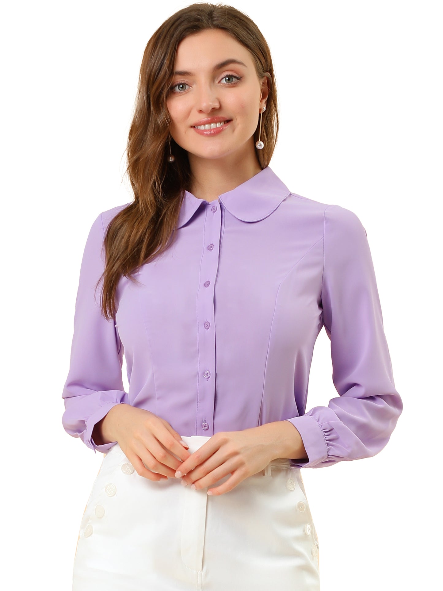 Women's Peter Pan Collar Blouse Business Casual Long Sleeve Button Down Work Shirt