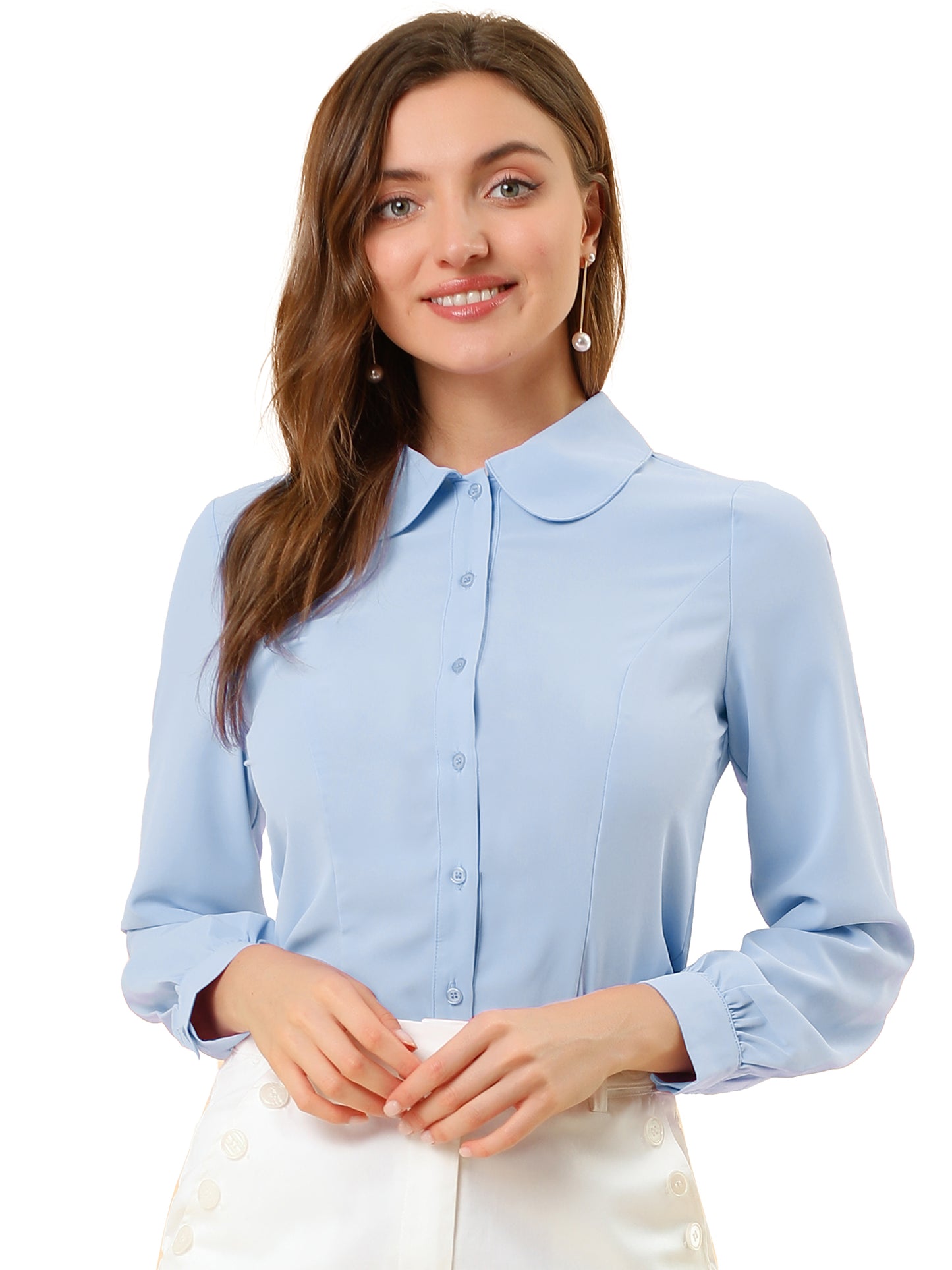 Women's Peter Pan Collar Blouse Business Casual Long Sleeve Button Down Work Shirt