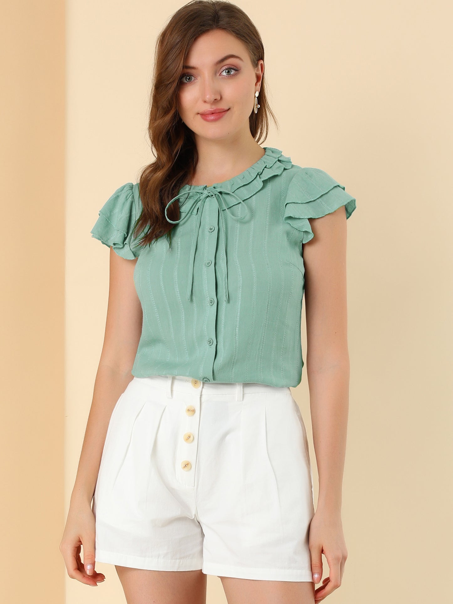 Women's Ruffle Sleeve Tie Neck Button Front Flounce Neck Cotton Work Blouse