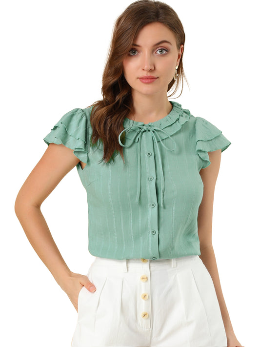 Women's Ruffle Sleeve Tie Neck Button Front Flounce Neck Cotton Work Blouse