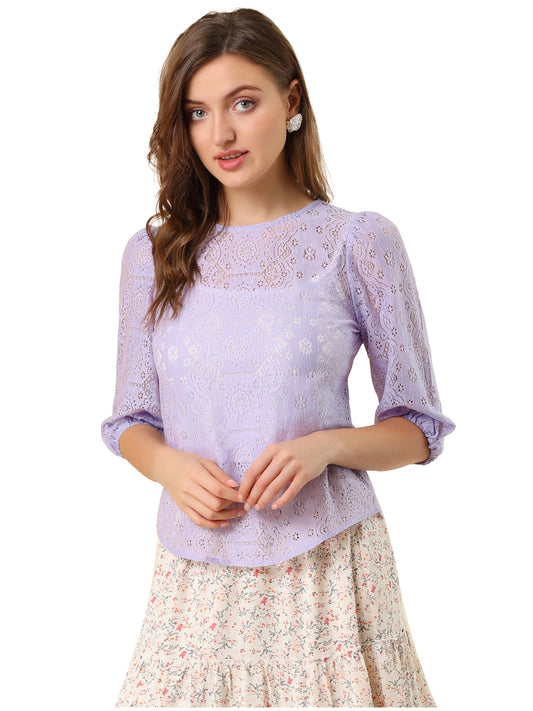 Women's 3/4 Lantern Sleeve Semi Sheer Lace Top
