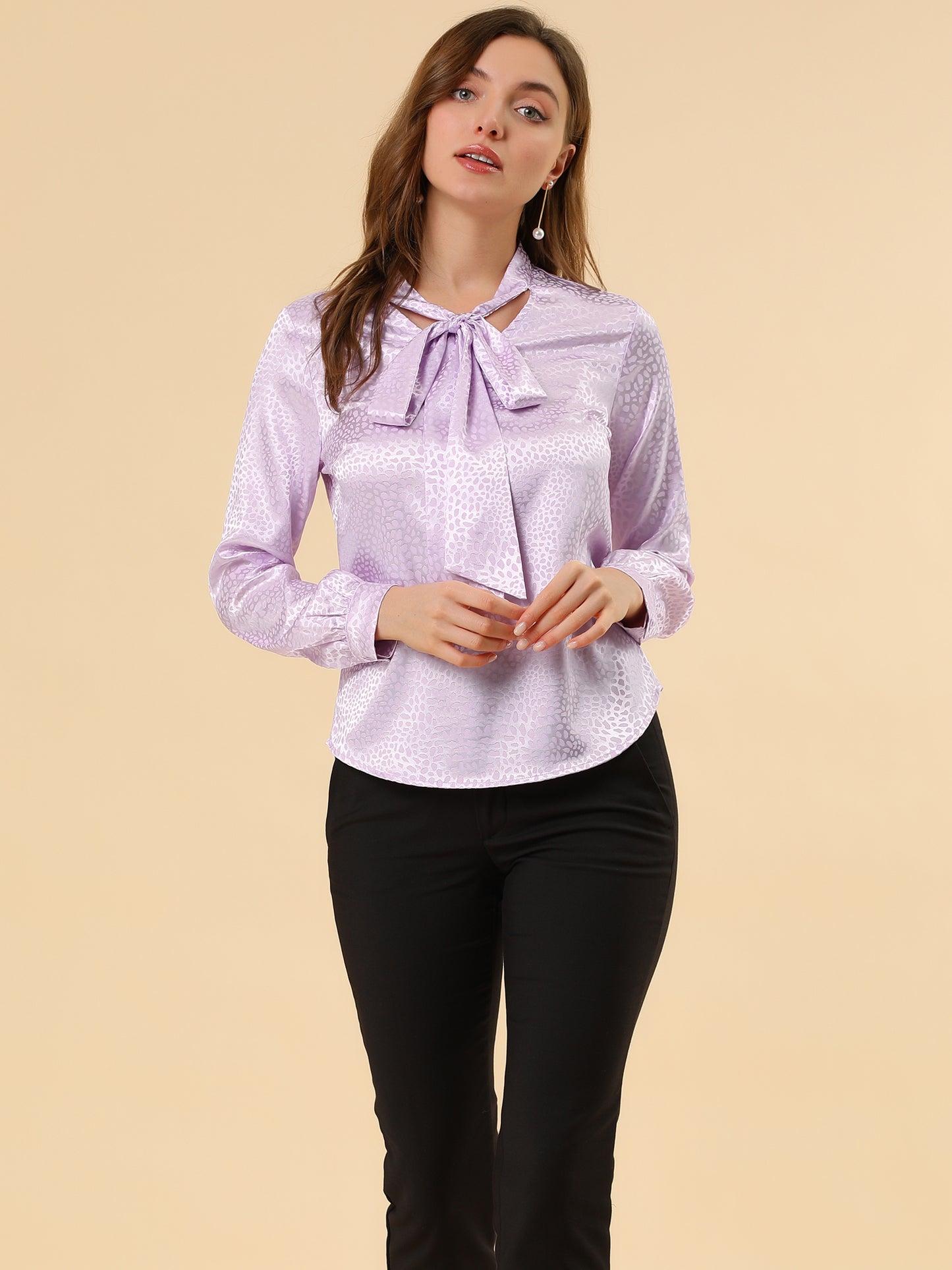 Women's Bow Tie Neck Long Sleeve Printed Satin Embossed Blouse