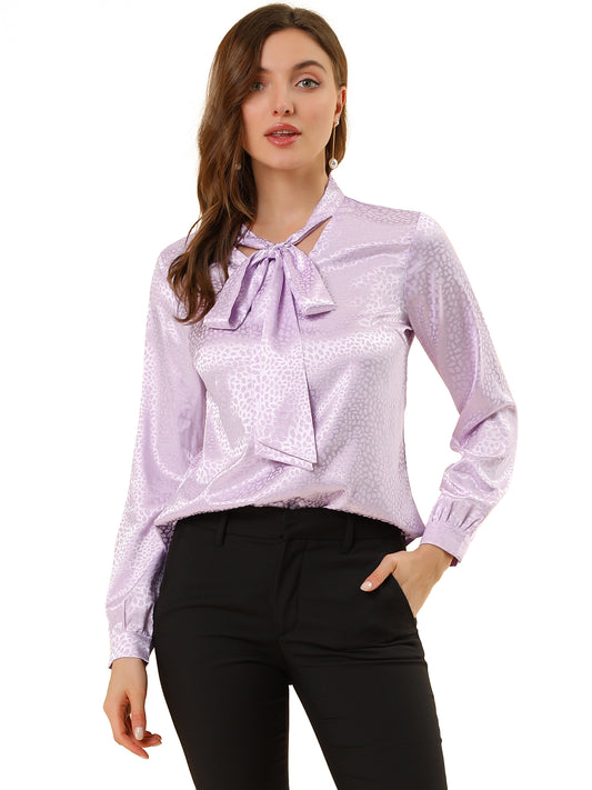 Women's Bow Tie Neck Long Sleeve Printed Satin Embossed Blouse