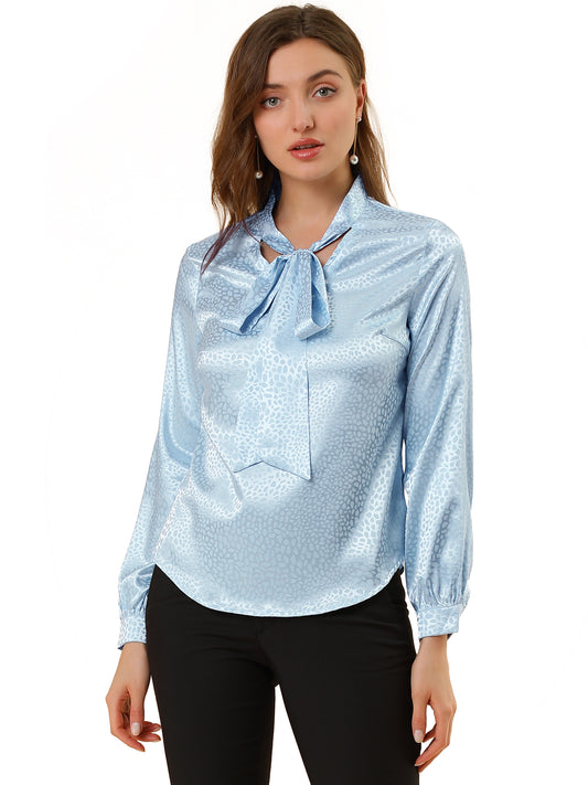 Women's Bow Tie Neck Long Sleeve Printed Satin Embossed Blouse