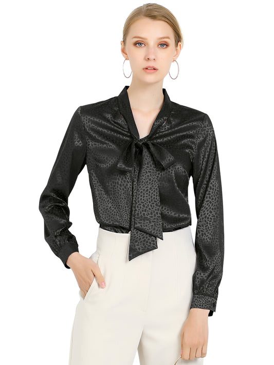 Women's Bow Tie Neck Long Sleeve Printed Satin Embossed Blouse