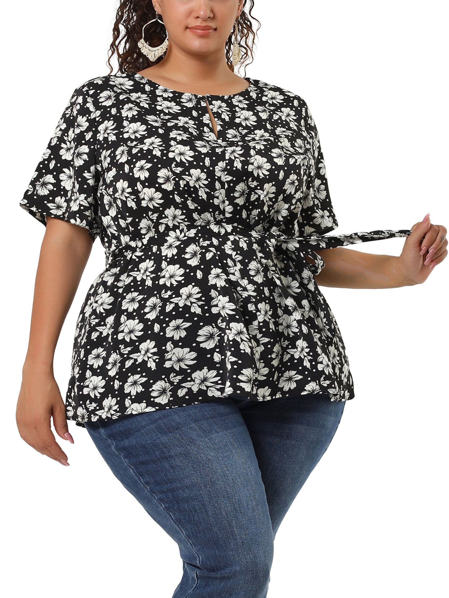 Women's Plus Size Short Sleeve Tie Waist Floral Print Blouse Peplum Summer Top