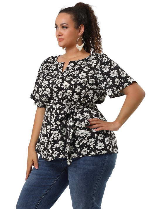 Women's Plus Size Short Sleeve Tie Waist Floral Print Blouse Peplum Summer Top