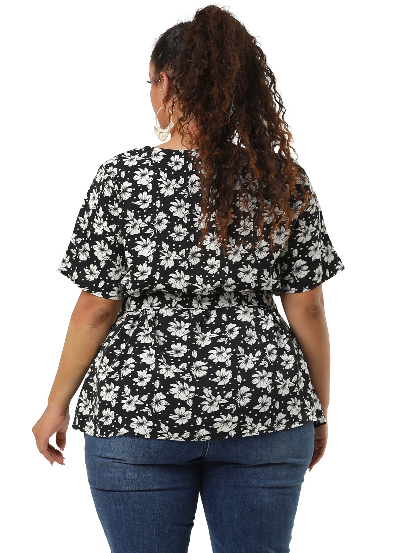 Women's Plus Size Short Sleeve Tie Waist Floral Print Blouse Peplum Summer Top