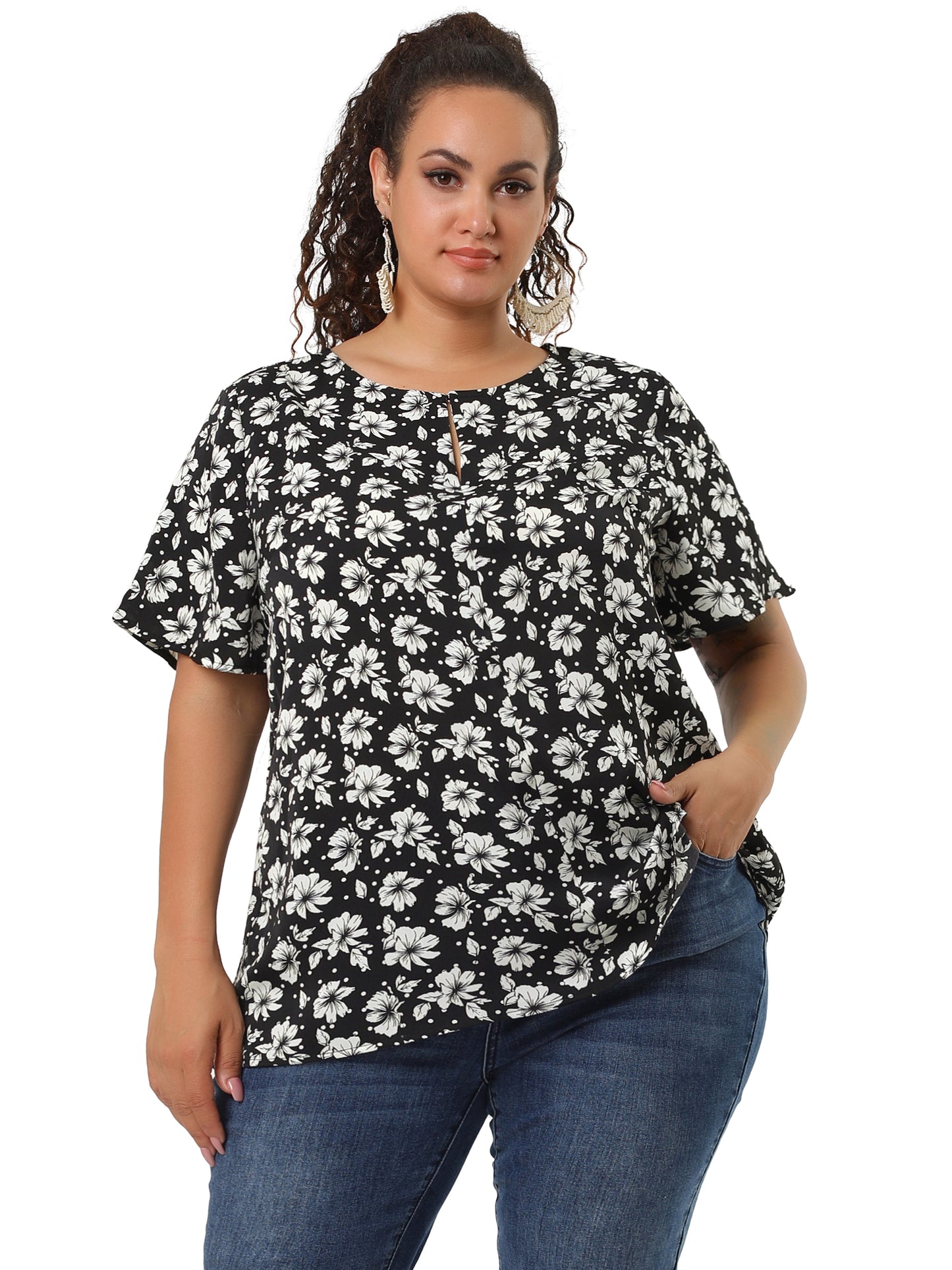 Women's Plus Size Short Sleeve Tie Waist Floral Print Blouse Peplum Summer Top