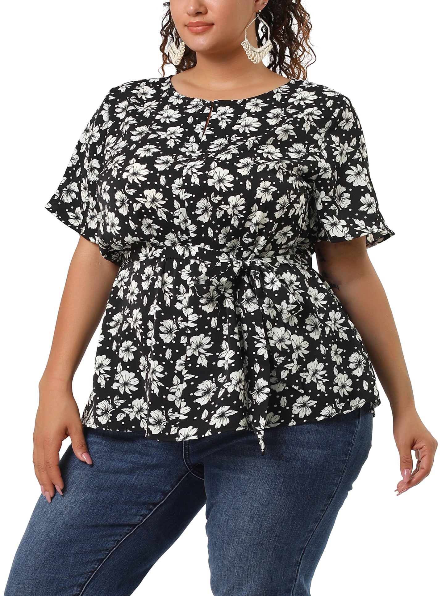 Women's Plus Size Short Sleeve Tie Waist Floral Print Blouse Peplum Summer Top