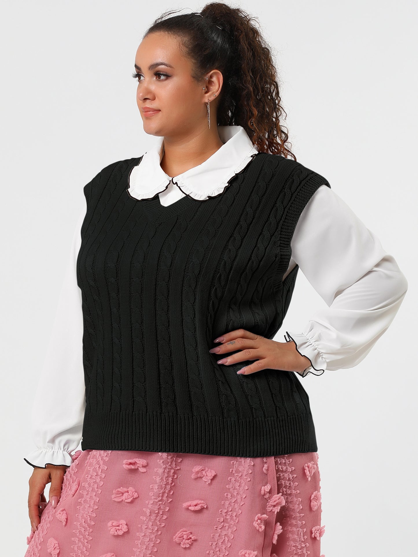 Women's Plus Size Sweater Vest V Neck Cable Knit Sweater Sleeveless Pullover Sweater Vests