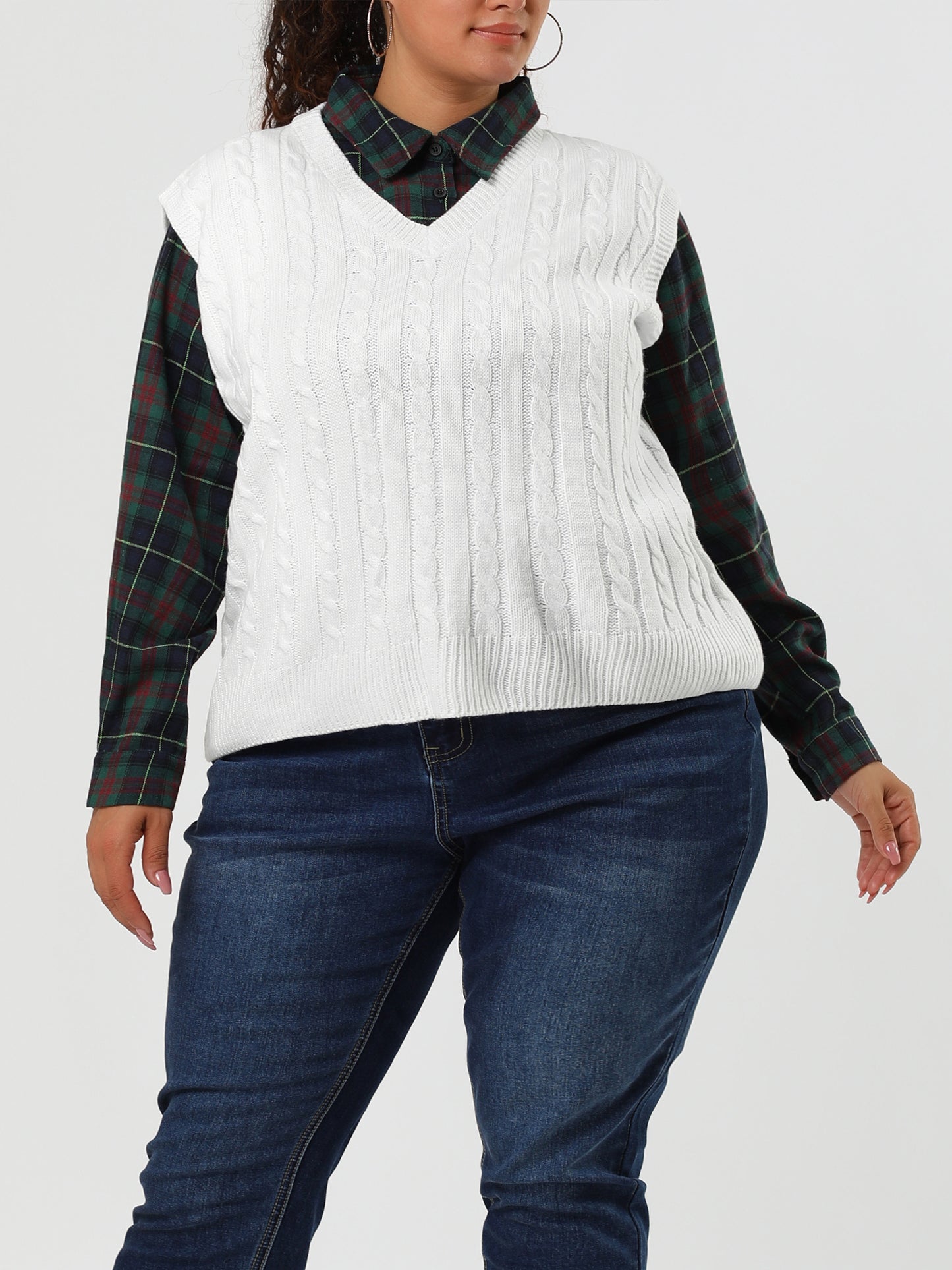 Women's Plus Size Sweater Vest V Neck Cable Knit Sweater Sleeveless Pullover Sweater Vests