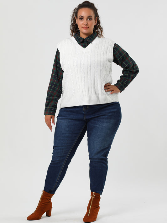 Women's Plus Size Sweater Vest V Neck Cable Knit Sweater Sleeveless Pullover Sweater Vests