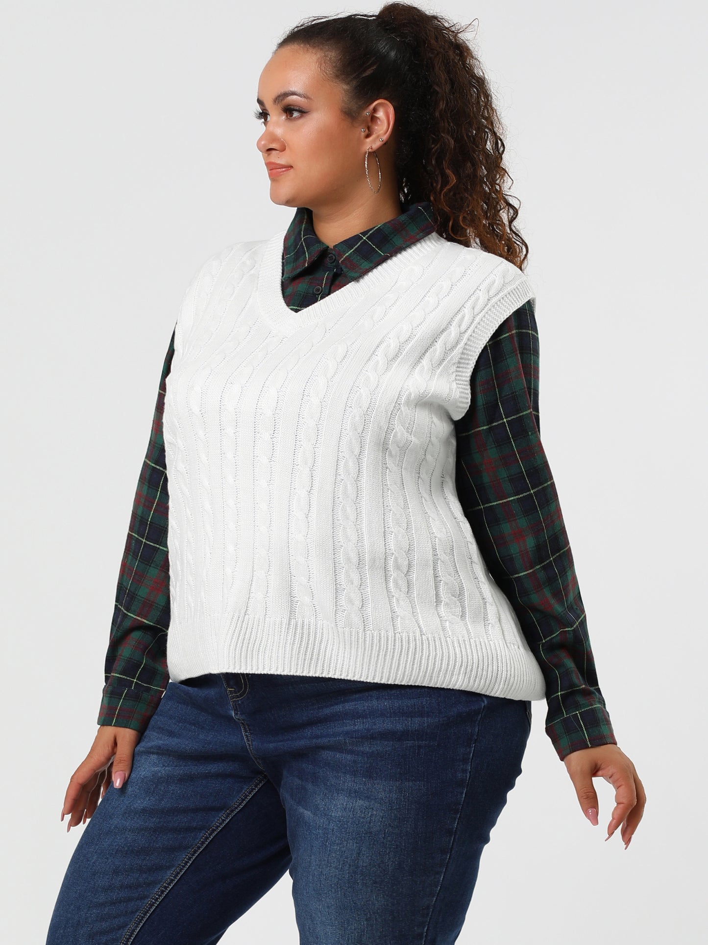 Women's Plus Size Sweater Vest V Neck Cable Knit Sweater Sleeveless Pullover Sweater Vests