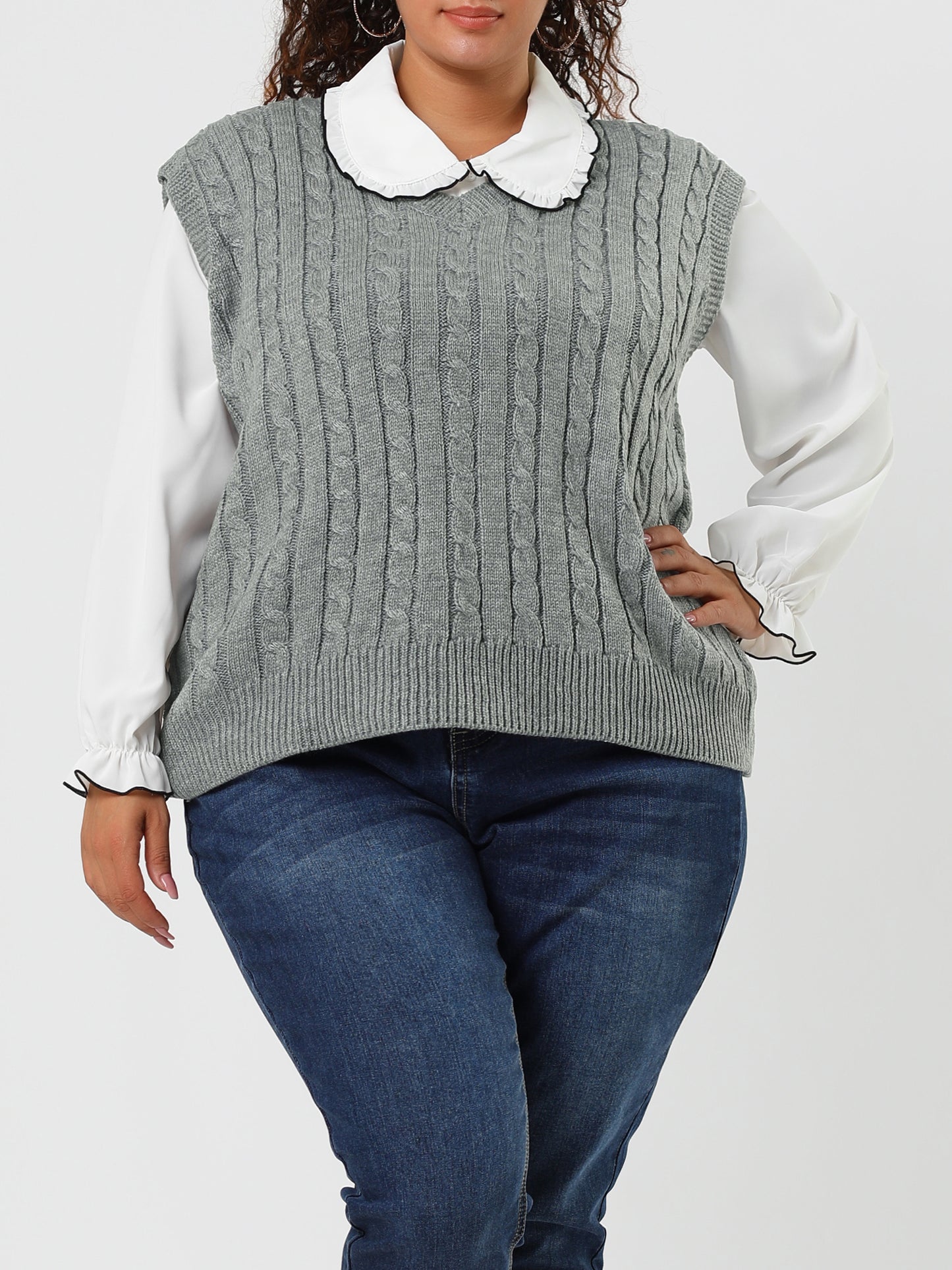 Women's Plus Size Sweater Vest V Neck Cable Knit Sweater Sleeveless Pullover Sweater Vests