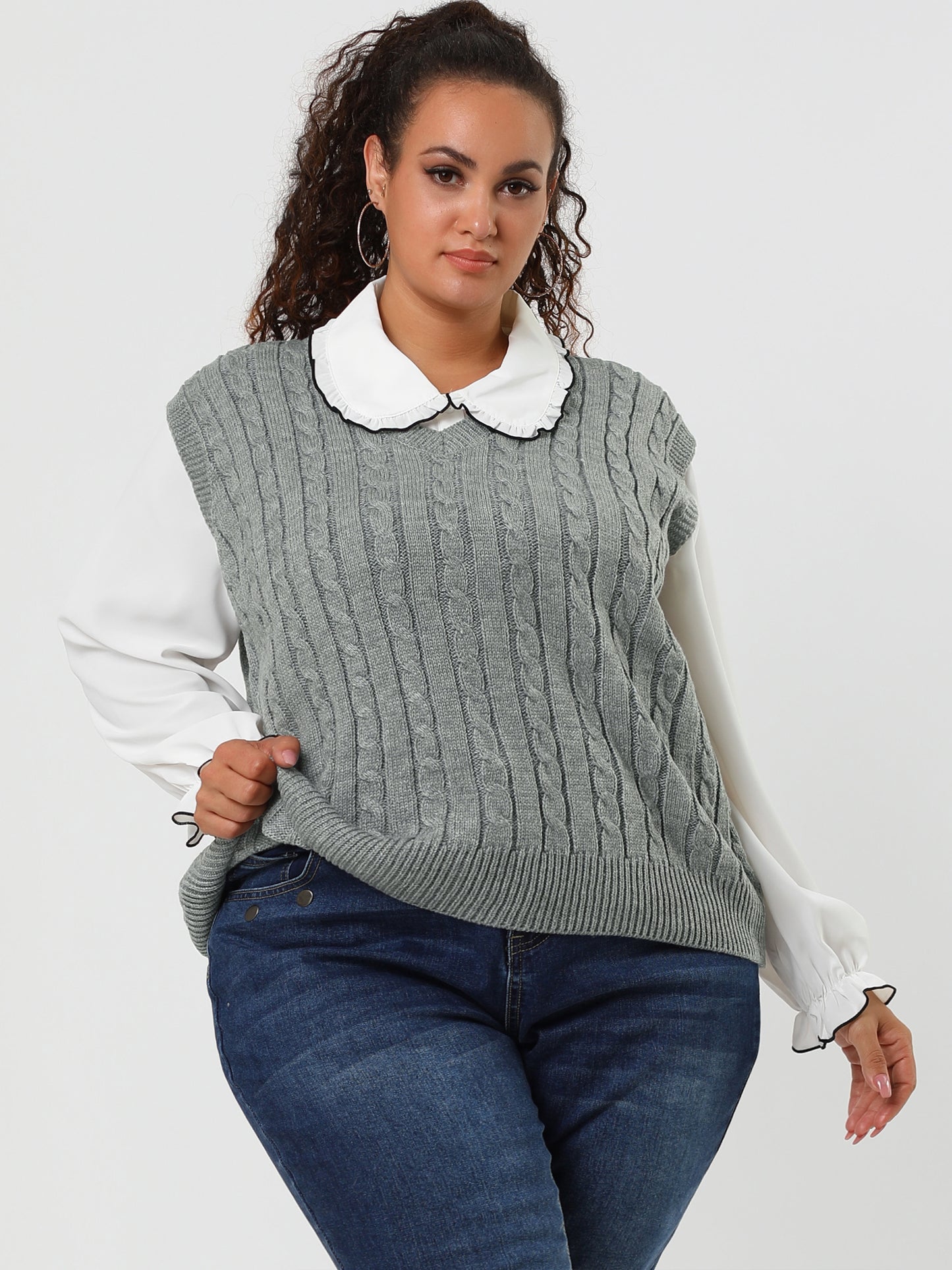 Women's Plus Size Sweater Vest V Neck Cable Knit Sweater Sleeveless Pullover Sweater Vests