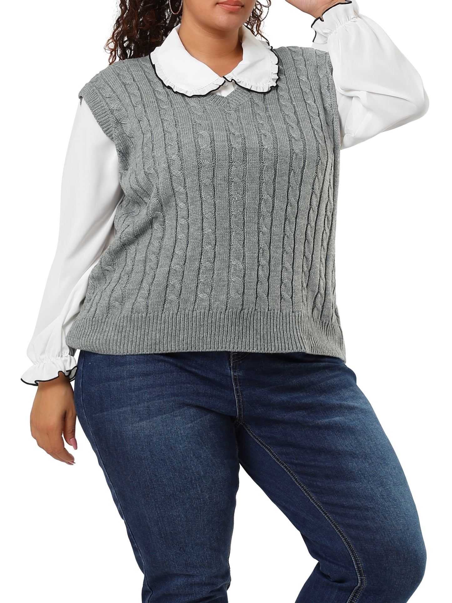 Women's Plus Size Sweater Vest V Neck Cable Knit Sweater Sleeveless Pullover Sweater Vests