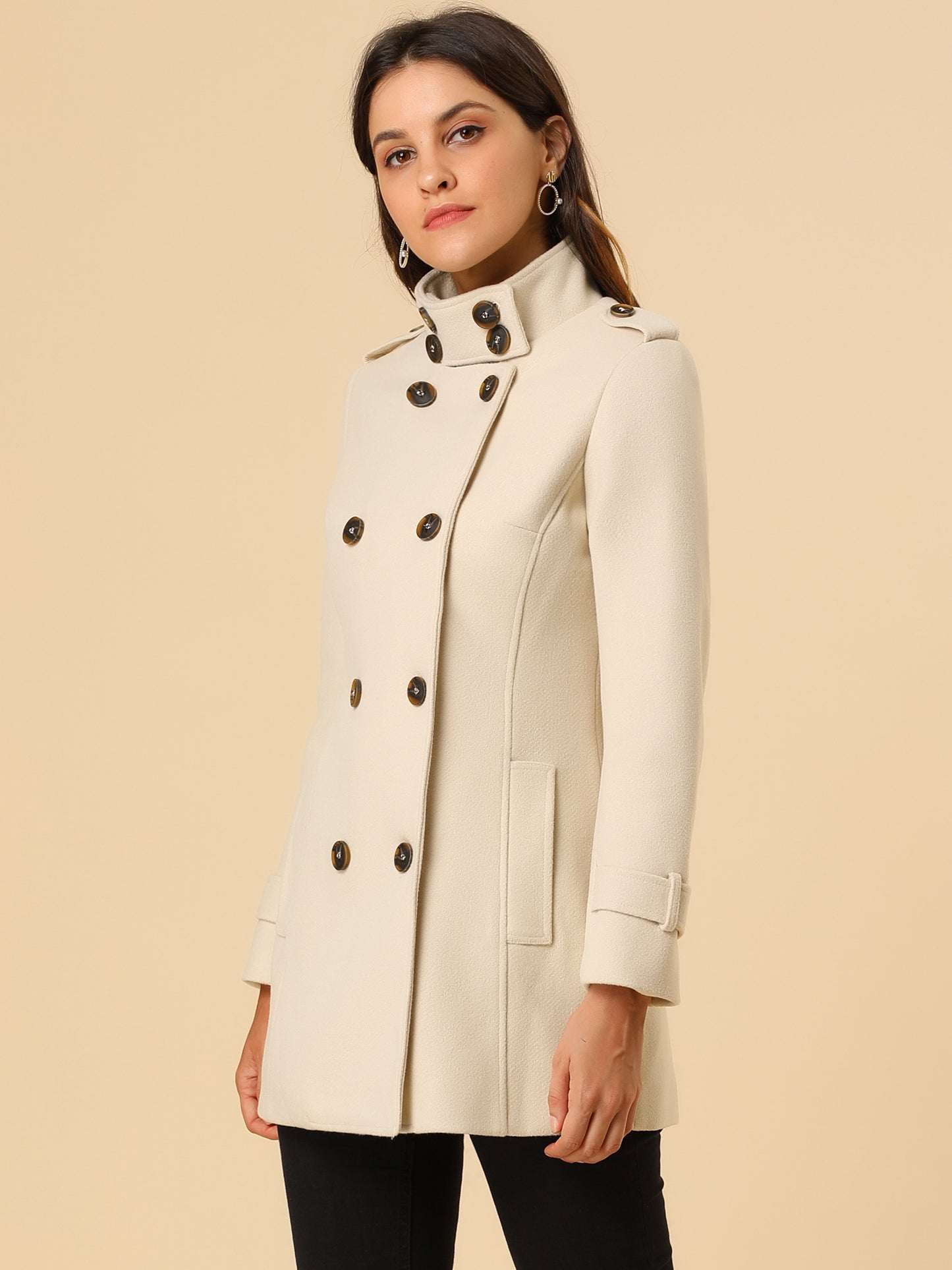 Women's Winter Stand Collar Double Breasted Pockets Outwear Coat