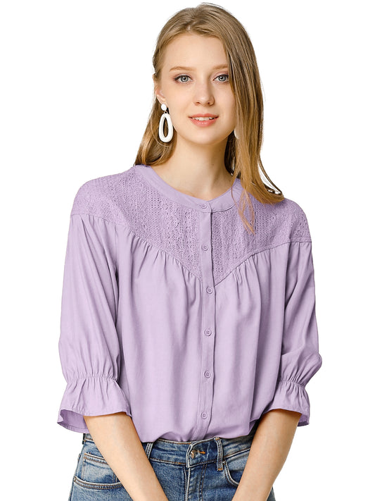 Women's Lace Panel 3/4 Sleeve Round Neck Button Down Blouse