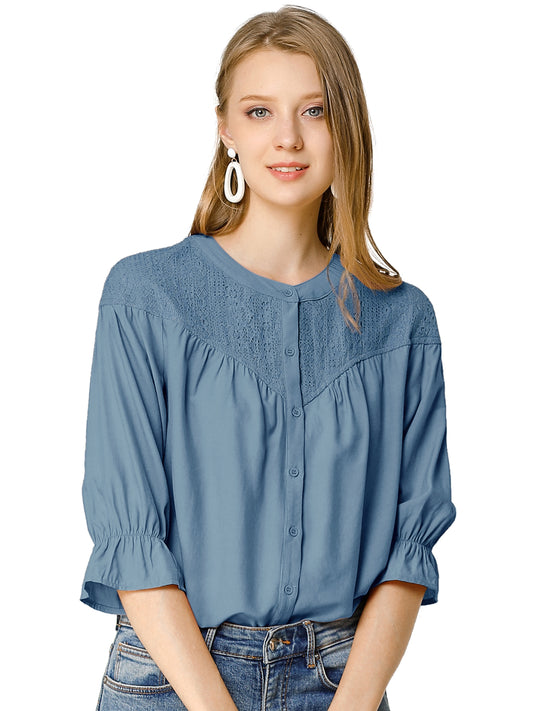 Women's Lace Panel 3/4 Sleeve Round Neck Button Down Blouse