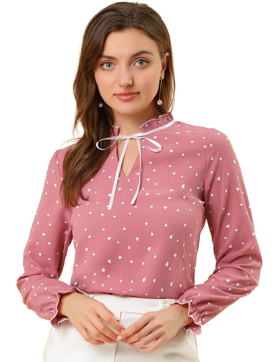 Women's Bow Tie Neck Blouse Ruffled Collar Printed Long Sleeve Top