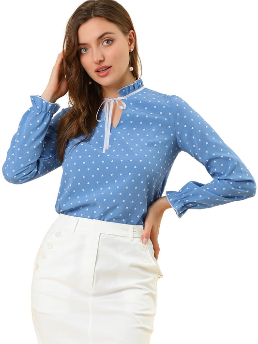 Women's Bow Tie Neck Blouse Ruffled Collar Printed Long Sleeve Top